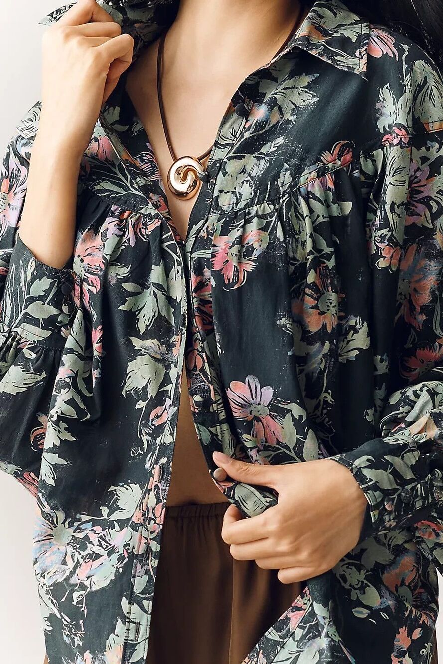 NWT Anthropologie Pilcro Batwing Yoke Blouse Womens SP Blue Floral Boho Popover